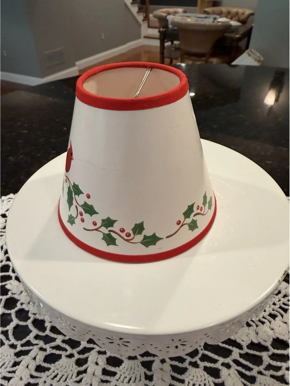 Vtg Christmas Clip On Mini Lamp Shade Cardinal & Holly Berries 4x5”